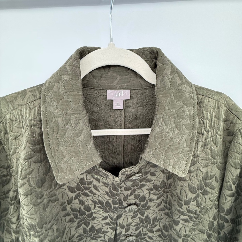 J.Jill XL Textured Floral Jacket Olive Green Cotton Blend Button Front - Picture 3 of 6